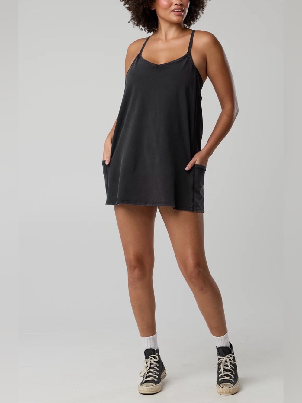 Offline by Aerie OG Cotton Racerback Romper Mini Dress Black - Built in Bodysuit